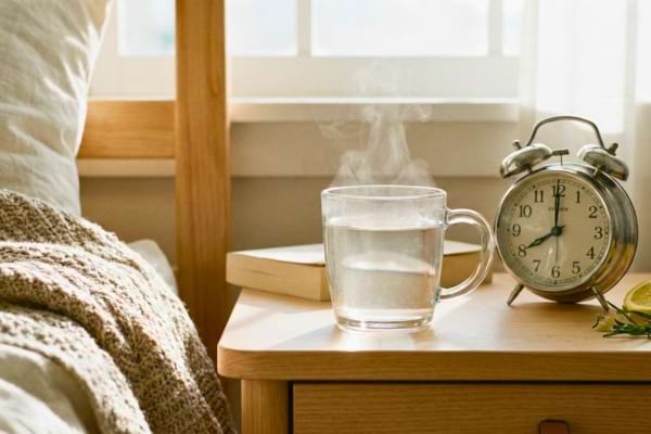 Une tasse en verre transparent contenant de l'eau chaude avec une légère vapeur