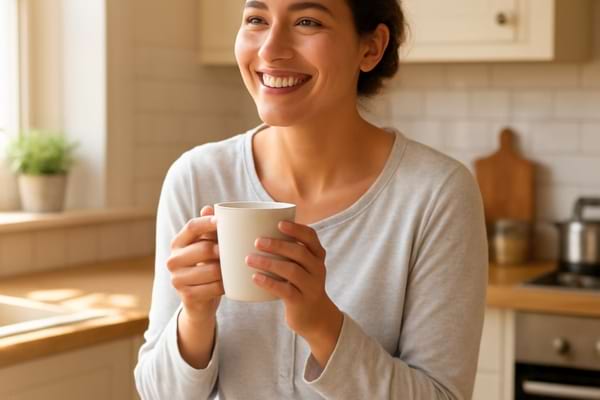 ne femme trentenaire souriante, en pyjama confortable, assise dans une cuisine ensoleillée
