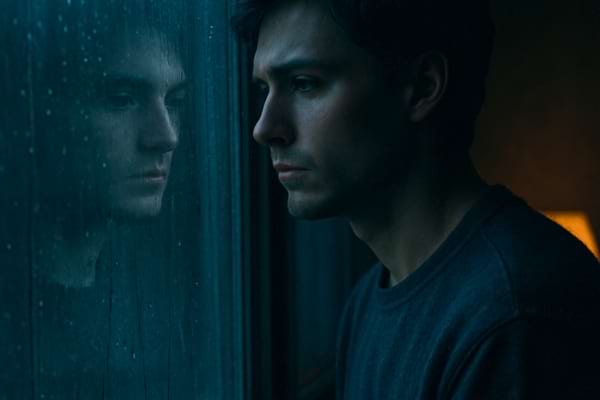  A person standing by a window looking out at the rain, looking thoughtful 