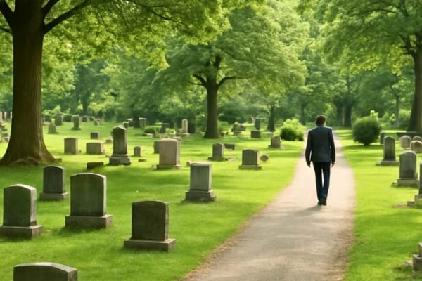 A wide shot of a peaceful cemetery with a visitor walking in the distance on a path.