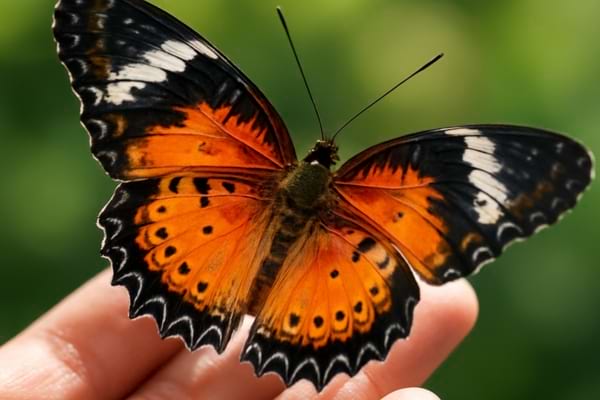 A colorful butterfly resting on a human hand.
