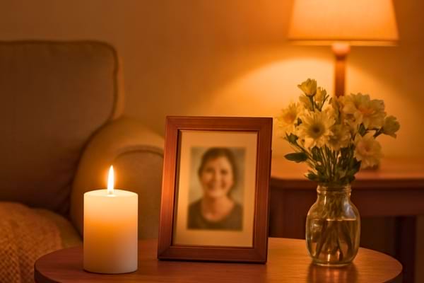 A small wooden table in a living room with a lit white candle
