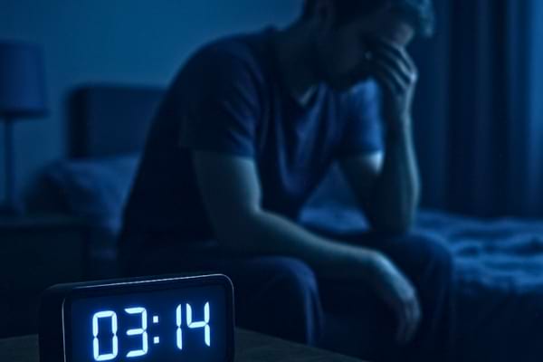 an alarm clock on a wooden nightstand showing 03:14 AM, blurry background showing a person sitting on the edge of the bed