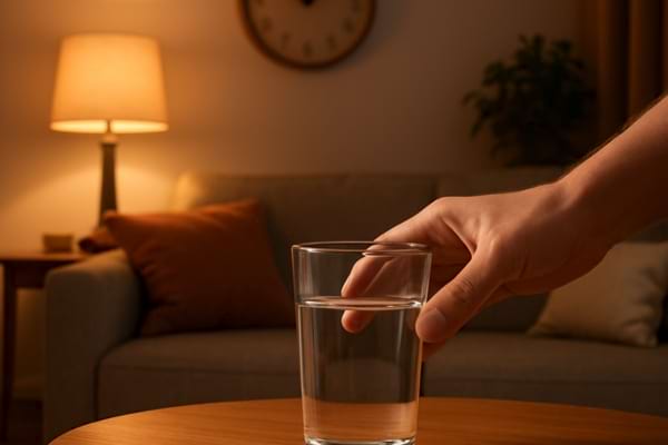 a hand placing a glass of water on a table away from the sofa