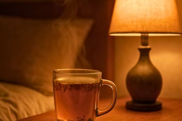 a steaming mug of herbal tea on a bedside table next to an unlit lamp