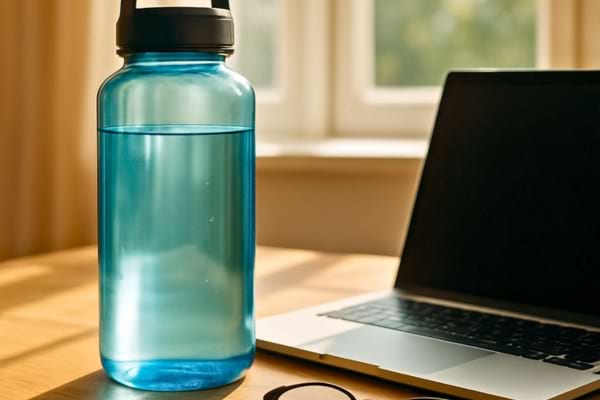  large reusable water bottle sitting on a wooden desk next to a laptop