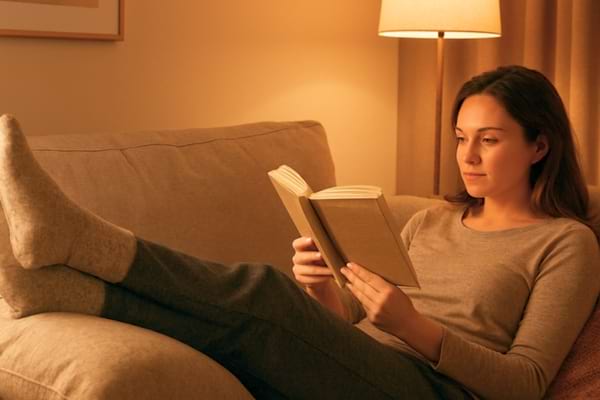 a person lying on a sofa reading a book with their legs elevated 