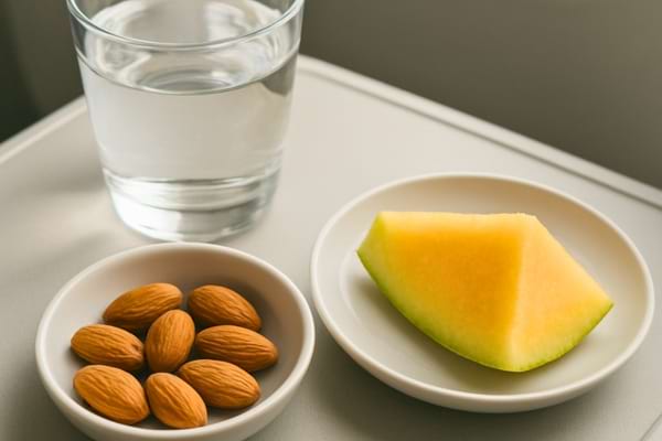 Un verre d'eau plate, quelques amandes, et une tranche de fruit frais