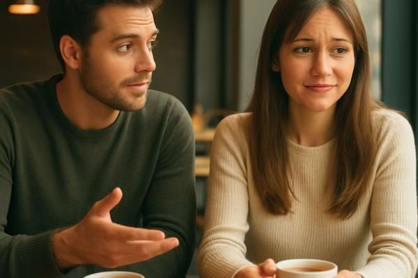 Un couple assis dans un café moderne. L'homme pose une question, l'air intéressé. La femme regarde ailleurs