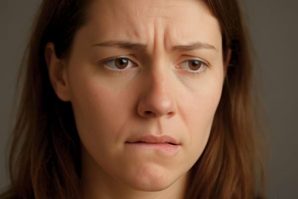 visage d'une femme jeune (25-35 ans) en pleine réflexion, l'air légèrement confus