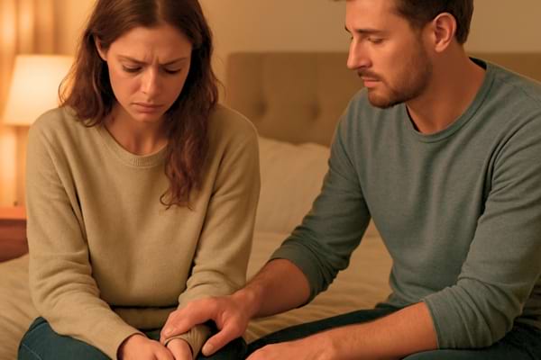 Un couple assis sur le lit, l'homme tente de prendre la main de la femme. La femme a une posture fermée