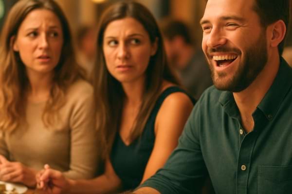 Au premier plan, l'homme rit. En arrière-plan, deux amis de la femme échangent un regard complice et inquiet