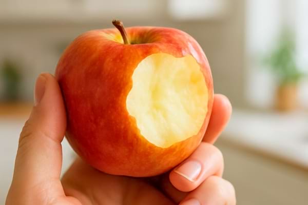 une main tenant une pomme rouge et jaune croqu&eacute;e