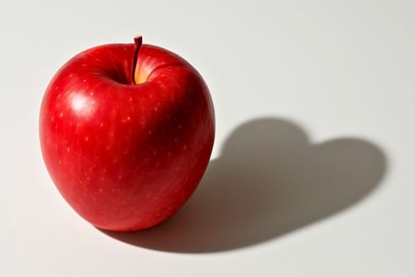  une pomme rouge vif pos&eacute;e sur une surface blanche