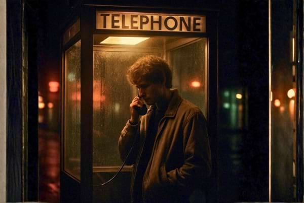une personne dans une cabine t&eacute;l&eacute;phonique publique &eacute;clair&eacute;e la nuit,