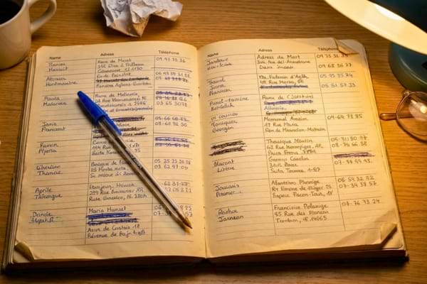 Carnet d'adresses papier ouvert avec des &eacute;critures manuscrites et des ratures