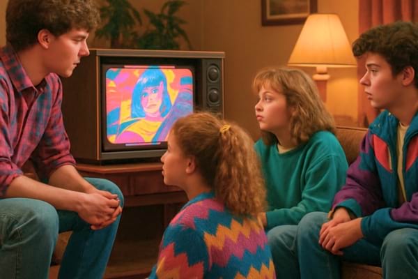 Groupe d'adolescents style ann&eacute;es 80 fascin&eacute;s devant une t&eacute;l&eacute;vision