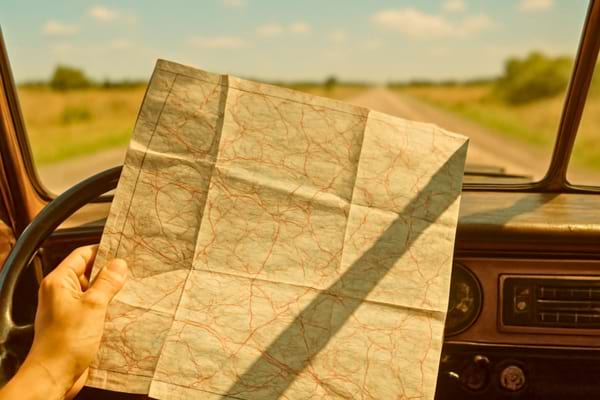Vue de l'int&eacute;rieur d'une voiture vintage, passager tenant une grande carte routi&egrave;re