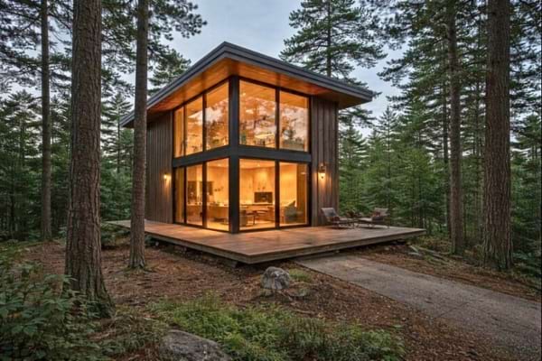 Une maison avec de grandes baies vitrées dans un bois