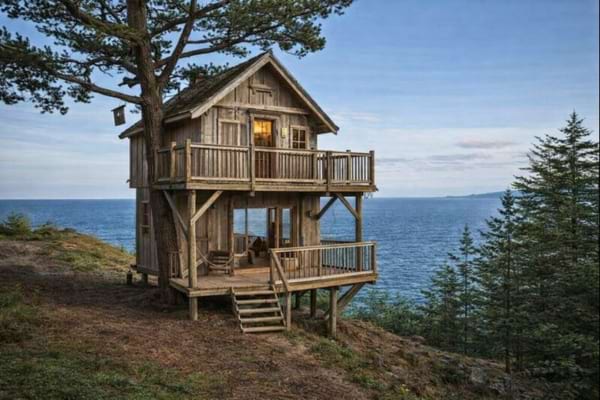 une maison en bois devant un océan