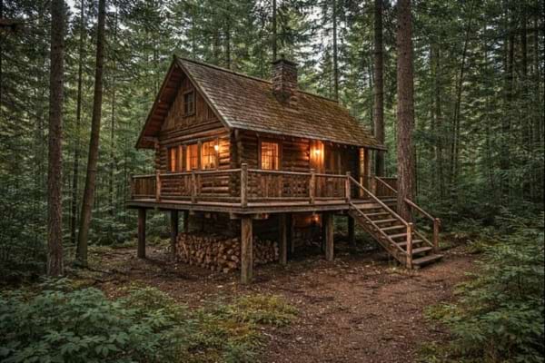 Une maison en bois retirée dans une forêt