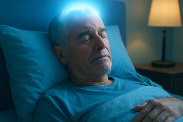 Un homme de 65 ans dort paisiblement dans une chambre aux tons bleus apaisants.