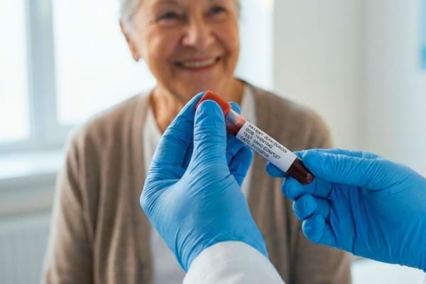 un médecin tenant un tube de prélèvement sanguin avec une étiquette visible,