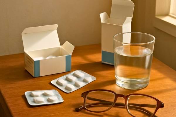 Une paire de lunettes de lecture posée à côté de plusieurs boîtes de médicaments ouvertes et un verre d'eau