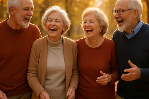 Un groupe d'amis de plus de 60 ans qui marchent dans un parc en automne