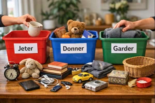 Table de salle &agrave; manger avec 3 bacs &eacute;tiquet&eacute;s &ldquo;Jeter&rdquo;, &ldquo;Donner&rdquo;, &ldquo;Garder&rdquo;