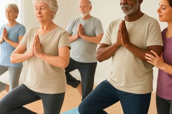 cours doux de yoga ou &eacute;tirements pour seniors, groupe r&eacute;duit