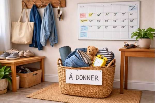 Entr&eacute;e de maison avec un panier &ldquo;&agrave; donner&rdquo;, calendrier sur le mur