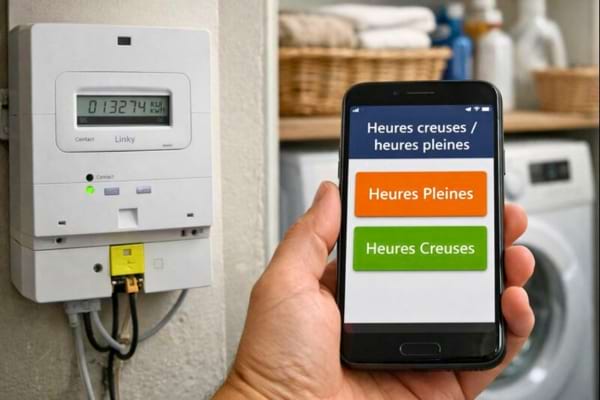 buanderie avec lave linge, zoom sur compteur &eacute;lectrique et smartphone affichant &lsquo;Heures creuses / heures pleines&rsquo;
