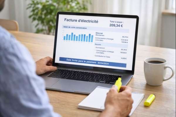 personne assise &agrave; une table, ordinateur portable ouvert sur une facture d&rsquo;&eacute;lectricit&eacute;,