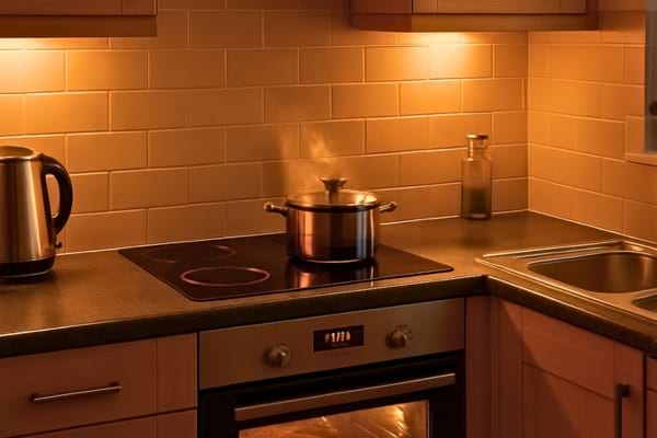 cuisine en soir&eacute;e avec plusieurs appareils allum&eacute;s (four, plaques, bouilloire)