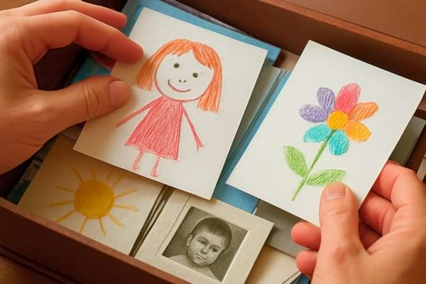Bo&icirc;te de souvenirs ouverte avec cartes, dessins d&rsquo;enfant, petit album photo
