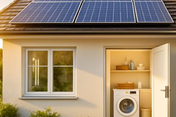 maison avec panneaux solaires au soleil, &agrave; l&rsquo;int&eacute;rieur une buanderie