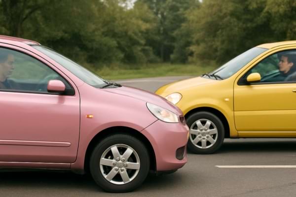deux voitures (rose et jaune) en attente à un carrefour en T