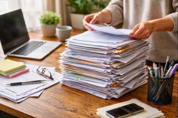 Pile de papiers sur un bureau, dossiers simples, une personne trie des documents
