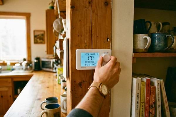 main r&eacute;glant un thermostat programmable, &eacute;cran montrant mode nuit 17&deg;C