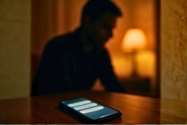 ambiance int&eacute;rieure soir&eacute;e, smartphone sur une table avec notifications flout&eacute;es