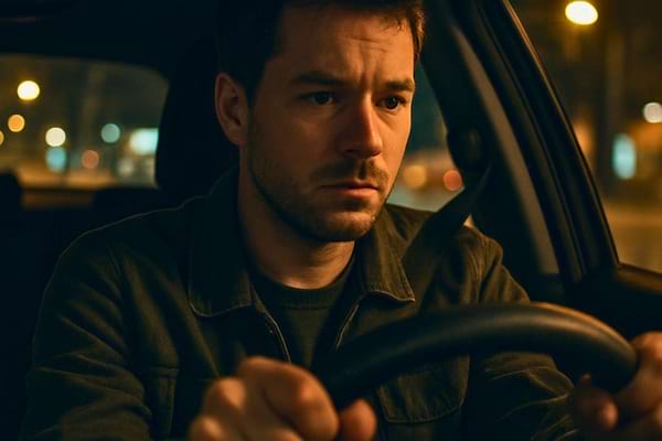 homme seul dans une voiture la nuit, mains sur le volant, regard pr&eacute;occup&eacute;