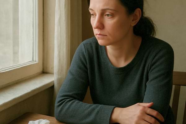femme assise pr&egrave;s d&rsquo;une fen&ecirc;tre, lumi&egrave;re douce, expression pensive