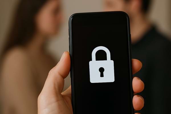 main tenant un t&eacute;l&eacute;phone avec &eacute;cran verrouill&eacute;, reflet d&rsquo;un couple flou 