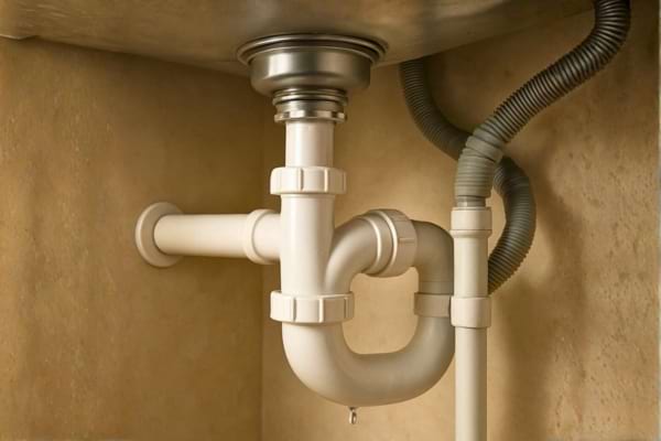 vue sous un &eacute;vier avec tuyaux et siphon, une goutte d&rsquo;eau sur un raccord