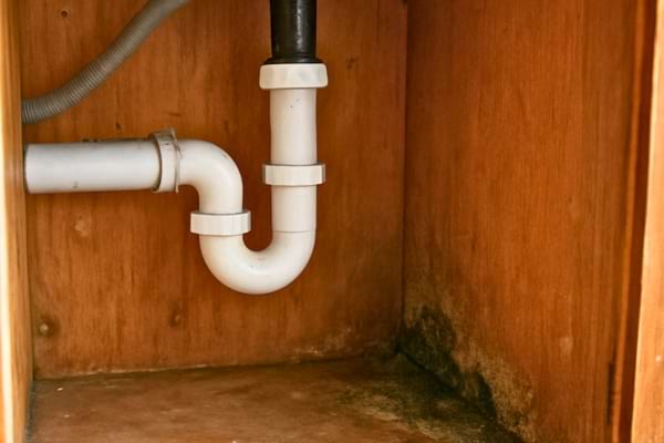 nt&eacute;rieur de meuble sous &eacute;vier avec petite trace de moisissure dans un coin