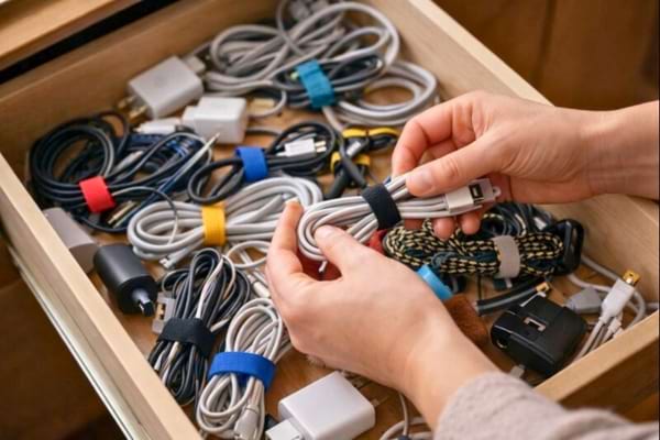 Tiroir ouvert rempli de c&acirc;bles, chargeurs, &eacute;couteurs, une personne regroupe les c&acirc;bles