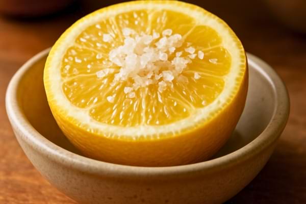 ros plan d&rsquo;un demi-citron avec du gros sel sur la pulpe