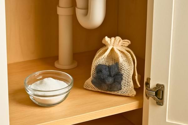 &eacute;tag&egrave;re sous &eacute;vier avec une coupelle de bicarbonate, quelques morceaux de charbon