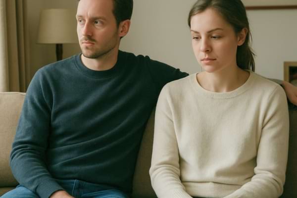 couple assis sur un canap&eacute;, l&rsquo;homme pose une main sur l&rsquo;&eacute;paule de la femme de fa&ccedil;on distante